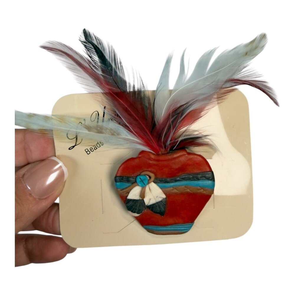 VTG Native American Clay Art Brooch Pin Feathers Pot Vase